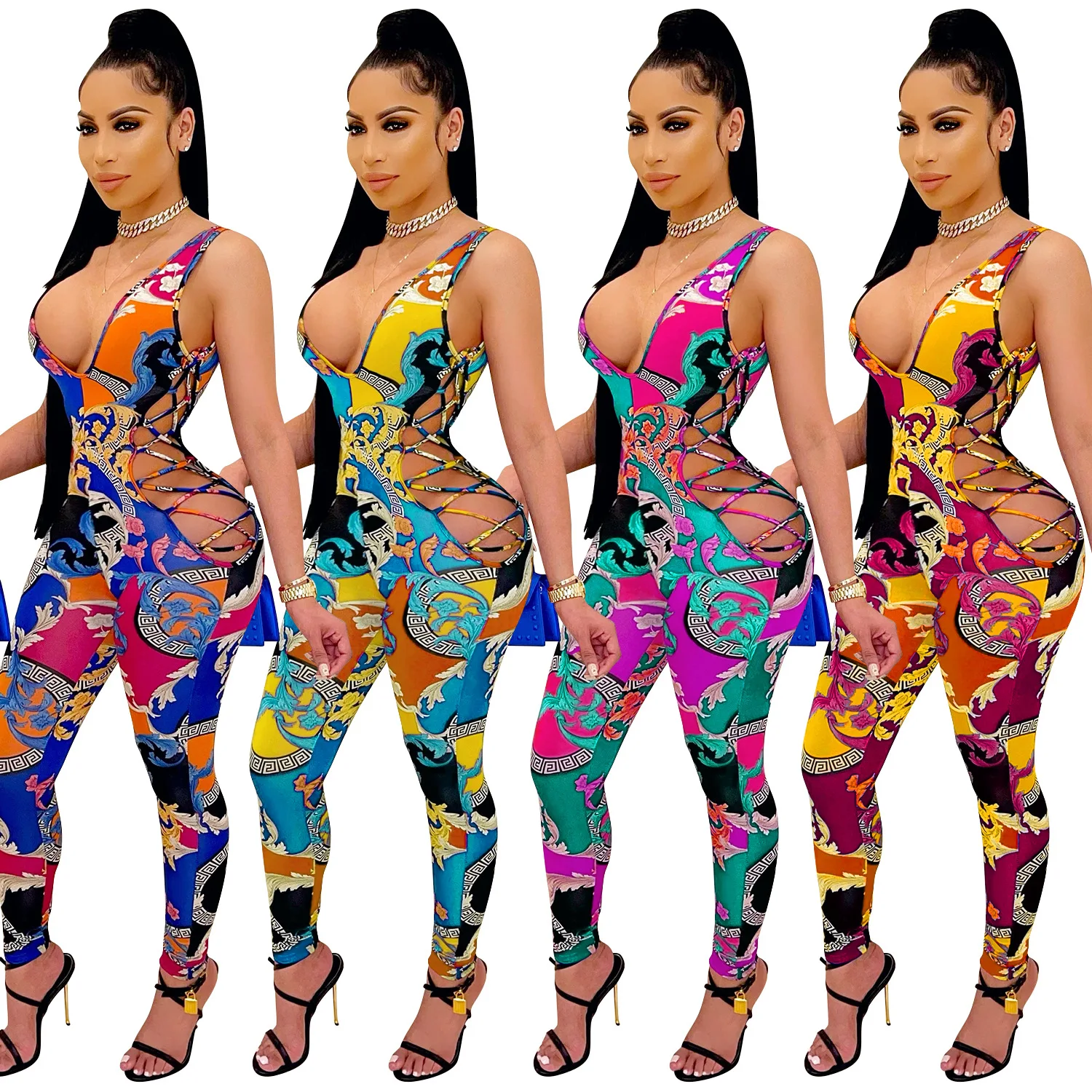 

Floral Printing Sexy Backless Rompers Hollow Out Sleeveless Jumpsuits For Women Skinny Party Club Jumpsuits For Women