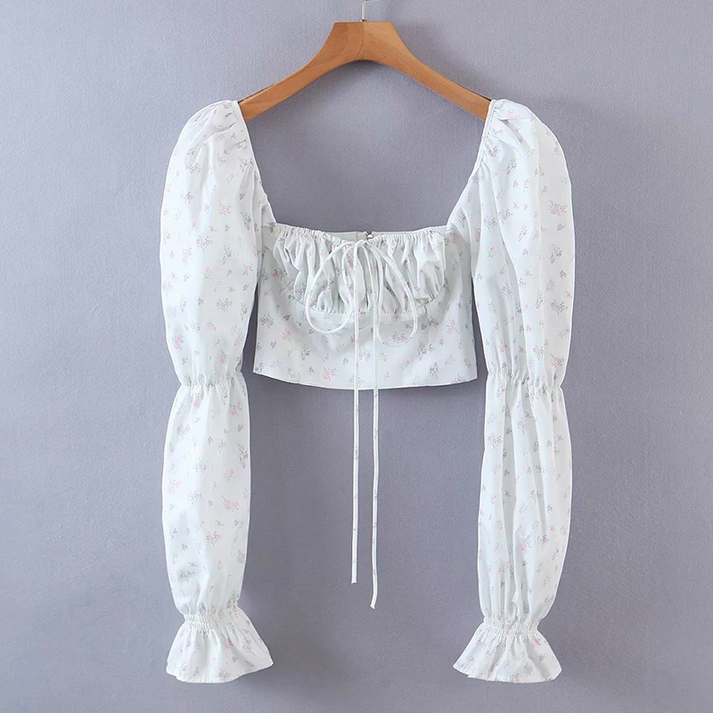 

YENKYE Sweet Floral Print Long Sleeve Blouse Women Summer Holiday Boho Crop Top Chic Blusas