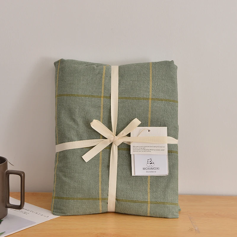 Комплект постельного белья из 4 предметов промытого хлопка в зеленую клетку