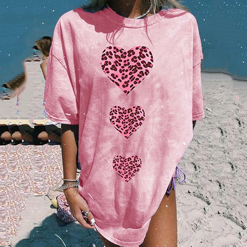 

Love Leopard Print Loose Graphic T Shirts Women Short Sleeve Casual Tees Pink Tops Summer Oversized T Shirt Streetwear 2021 New