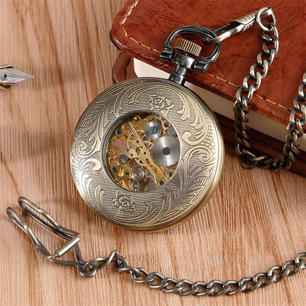Roman Numerals Open Face Pendant Mechanical Pocket Watch Flower Pattern Display Bronze Manual Mechanical Antique Pocket Clock