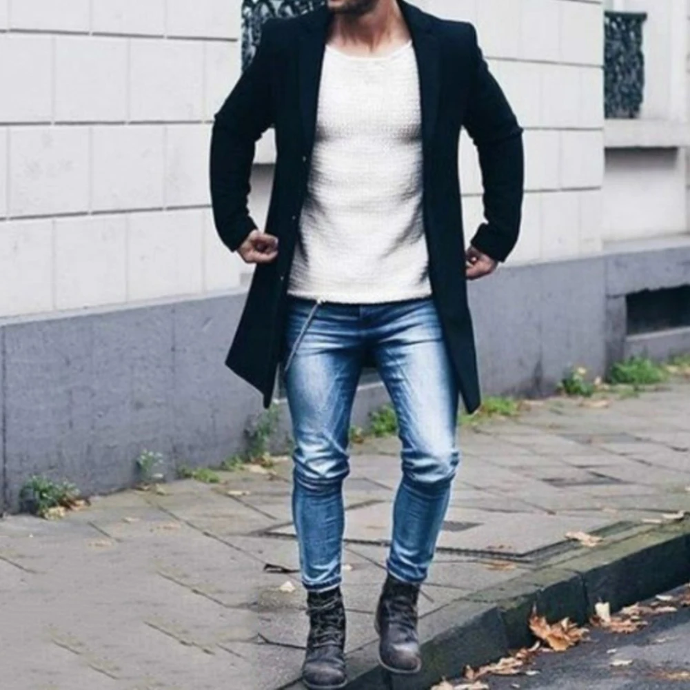 Тренчкот мужской зимний однотонный с длинным рукавом | Мужская одежда