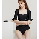 Цельный купальник с коротким рукавом, Женский Однотонный черный купальник, монокини с рюшами, винтажный купальный костюм с пуш-апом, трикини в Корейском стиле