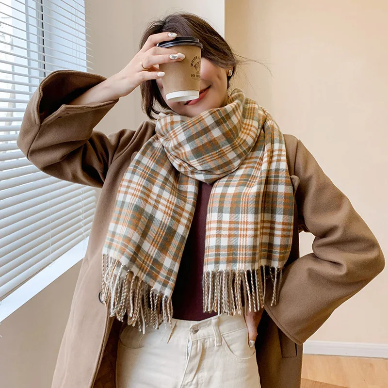 

Outdoor Fashion Plaid Long Tassel Scarf Women Winter 2021 New Korean Imitation Cashmere Line Fringed Shawl Cold Thickening Warm