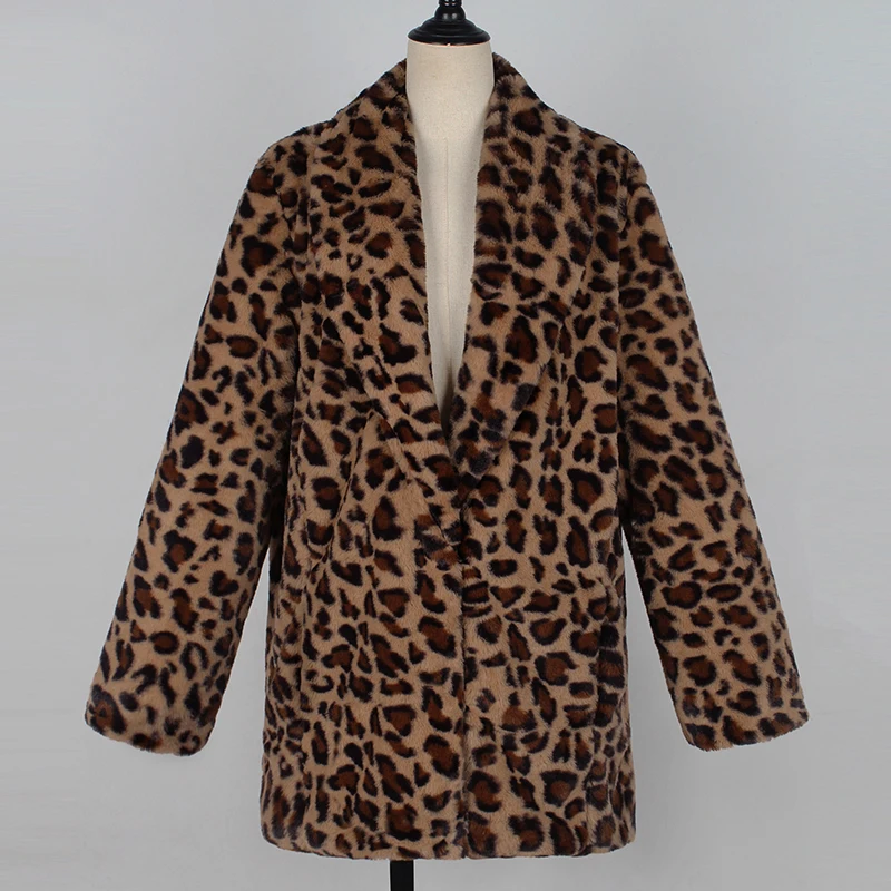 Women Winter Luxury Leopard Print Faux Fur Coat Thick Warm Fashion Long Sleeve Outerwear Artificial Fur Jacket Plush Clothing