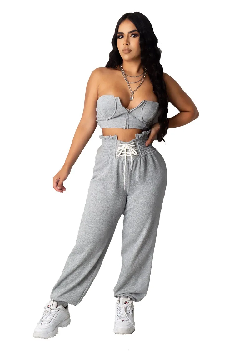 

Chic Design Women Solid Two Piece Sets INS Hottest Strapless Tank Tops Lace-up High Waist Casual Sweatpants Tracksuits Outfits