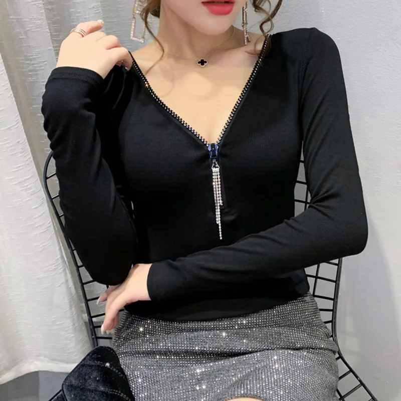 New Casual Solid Color 2021 Spring Long Sleeve Women's Tshirts Fashion V-neck Ziper Woman T-shirts Plus Size Blusas | Женская одежда