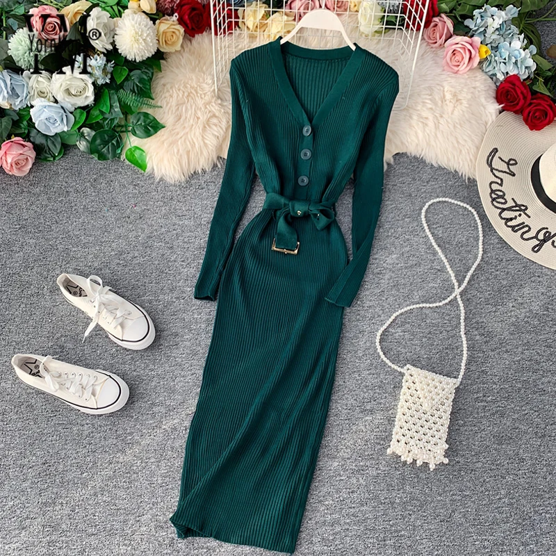 Осеннее трикотажное облегающее элегантное платье макси с v образным вырезом и