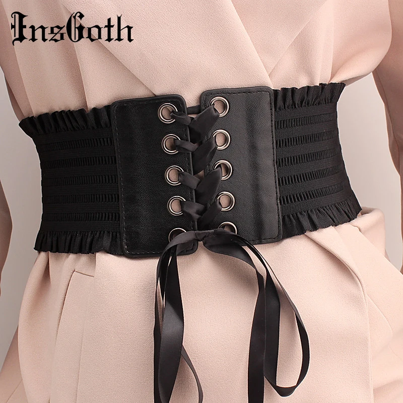 InsGoth растягивающиеся черные ремни женские модные кожаные на шнуровке готические