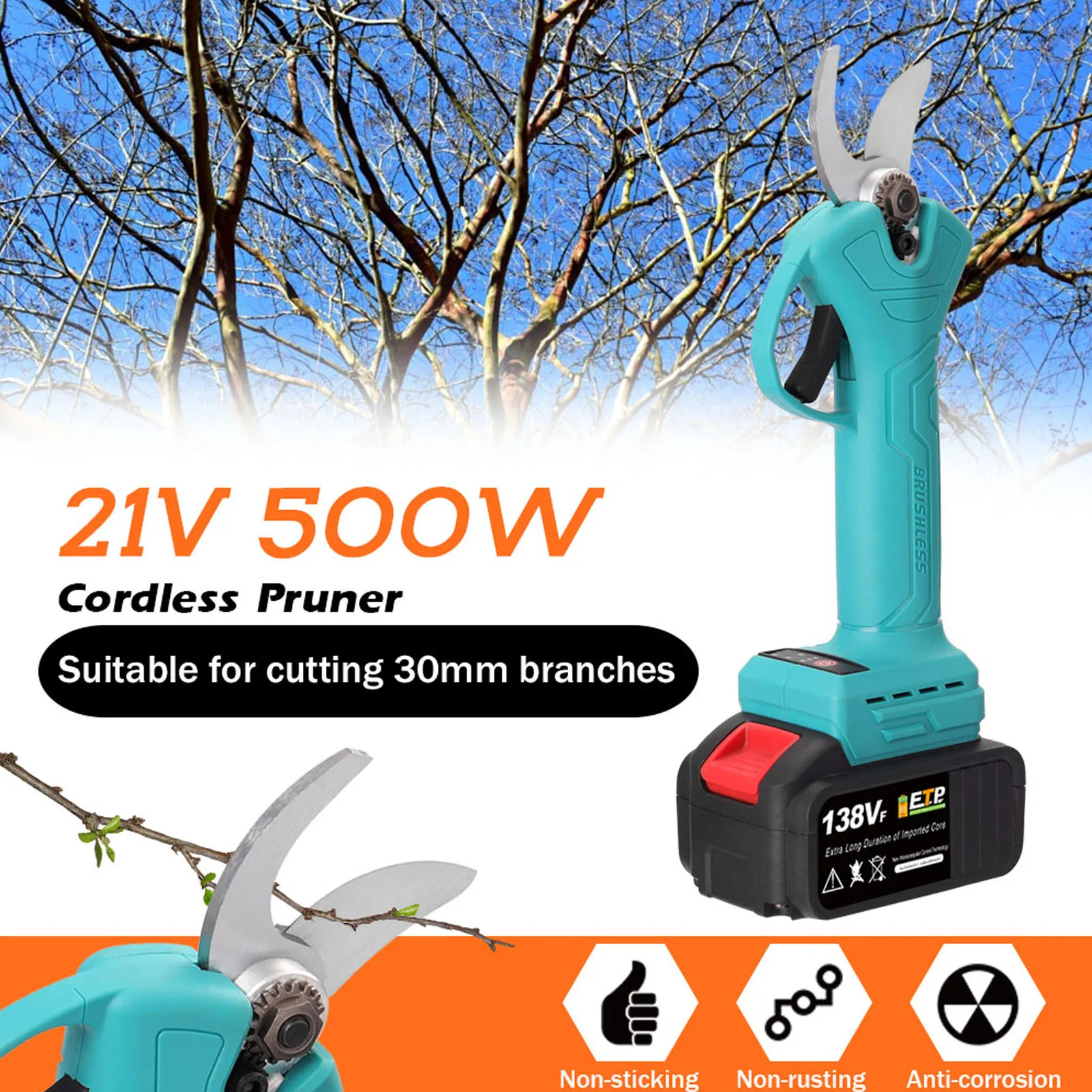 

21V 500W Cordless Pruner 30mm Electric Pruning Shear Efficient Fruit Tree Bonsai Pruning Branches Cutter Landscaping Tool