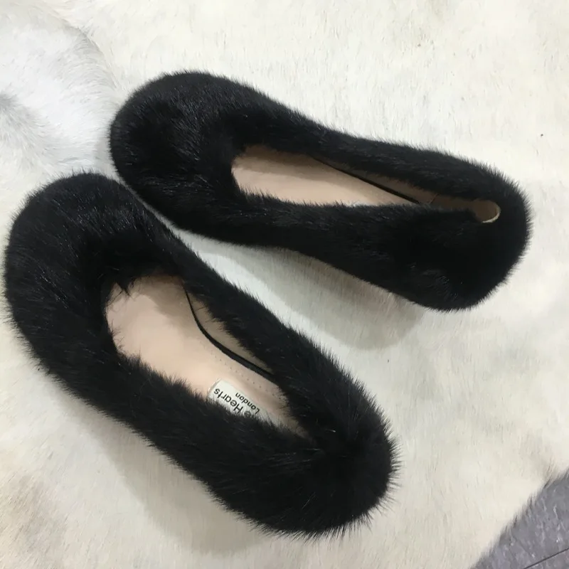 

Mink fur high-heel shoes winter fashion wedding real fur pumps Real Mink Fur Slip On High Heels Loafers