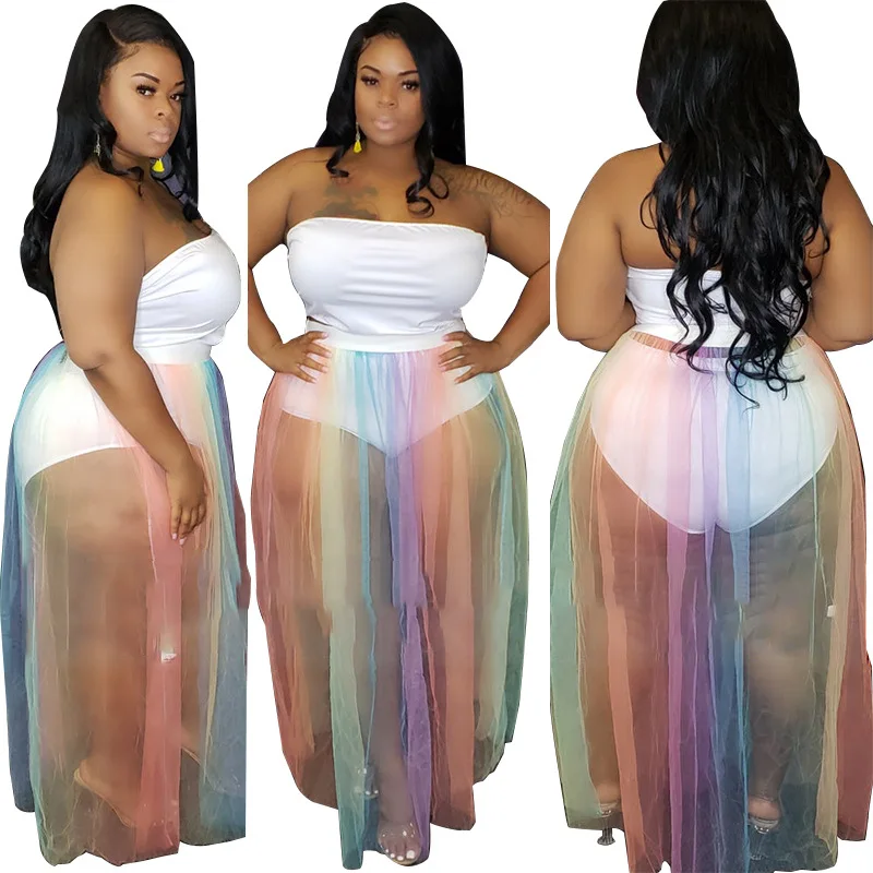 Adogirl Plus Size XL-5XL Women Two Piece Set Dress Strapless Bodysuit Sheer Mesh Rainbow Stripe Maxi Skirt Party Suit |
