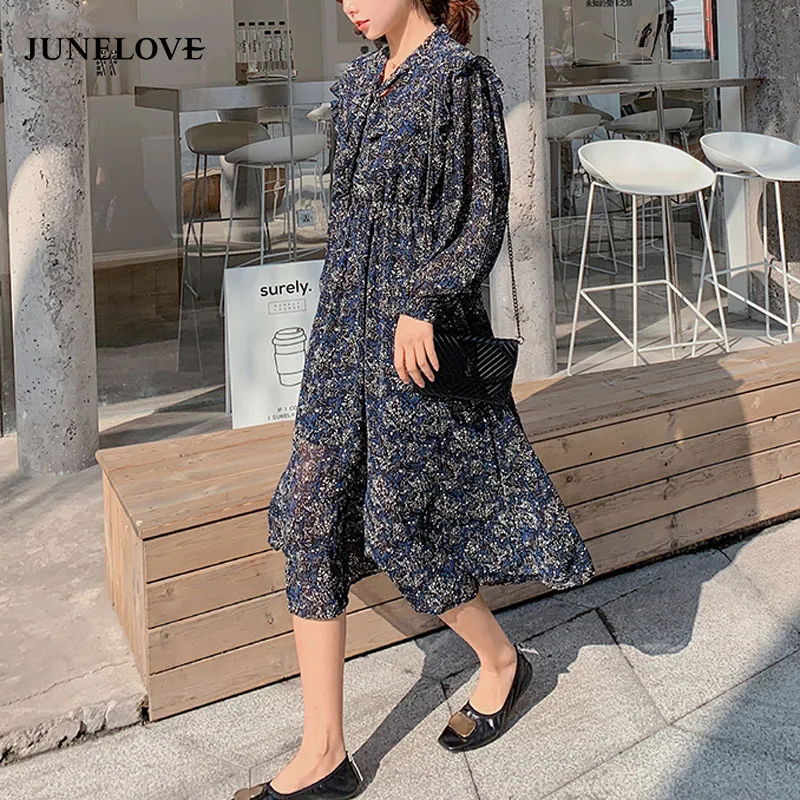 Женское шифоновое платье JuneLove винтажное плиссированное с длинным рукавом