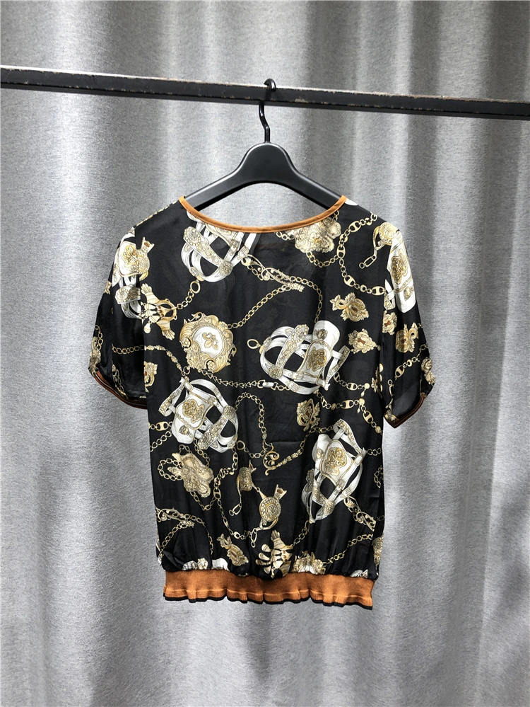 

Tshirt Women Fashion Casual Pure Silk Round Neck Short Sleeve Straight Tube Top Pullover Elastic hem Design Stitched Neckline