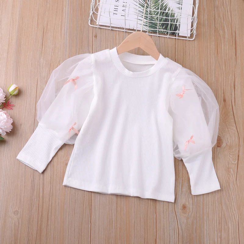

Spring Autumn Lovely Seersucker Mesh Sleeve Top Sweatshirt T-Shirts Clothing For Girls Clothes Kid Clothes
