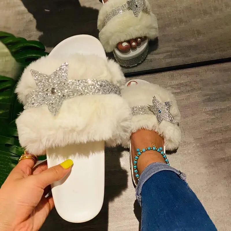 

Autumn/winter New 2020 High-heel Flat-bottom Rhinestone Fox Fur Soft and Comfortable Home Durable Non-slip Casual Women Sandals