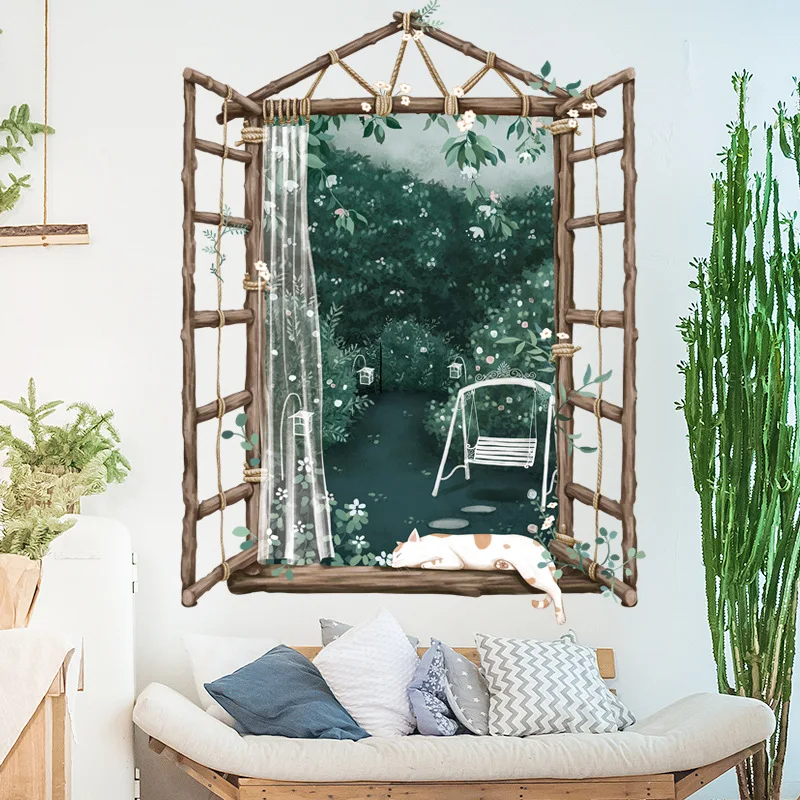 

BRUP рисованная вручную Яркая деревянная Наклейка на окно красивые зеленые растения для сада наклейки на стену кошка для сна для гостиной спа...