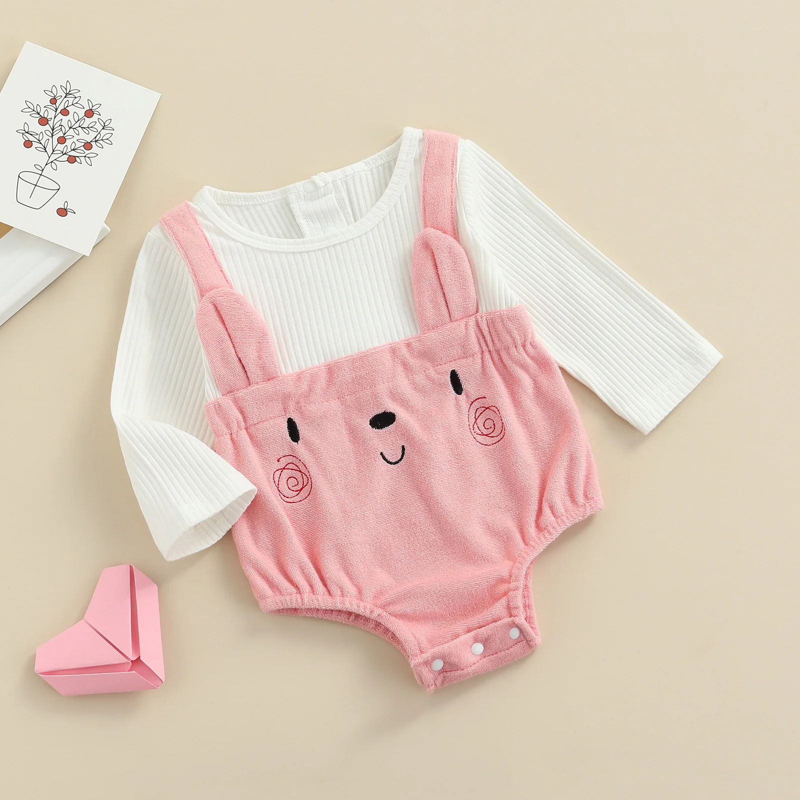 

Осенние Комбинезоны для маленьких девочек, комбинезоны с вышивкой в виде зайца, круглым вырезом и длинным рукавом, комбинезоны с застежкой ...