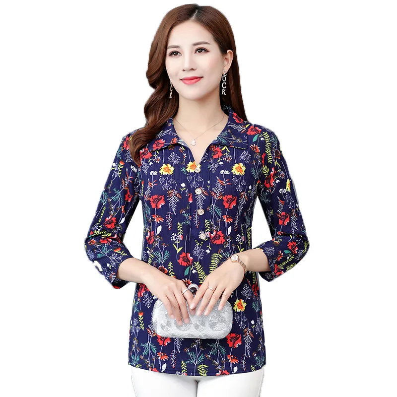 Middle-aged And Elderly Women's Shirt Summer Shirts Lapel Long Sleeve Printing Casual Shirt Blouse Female Tops Mother Dress 5XL