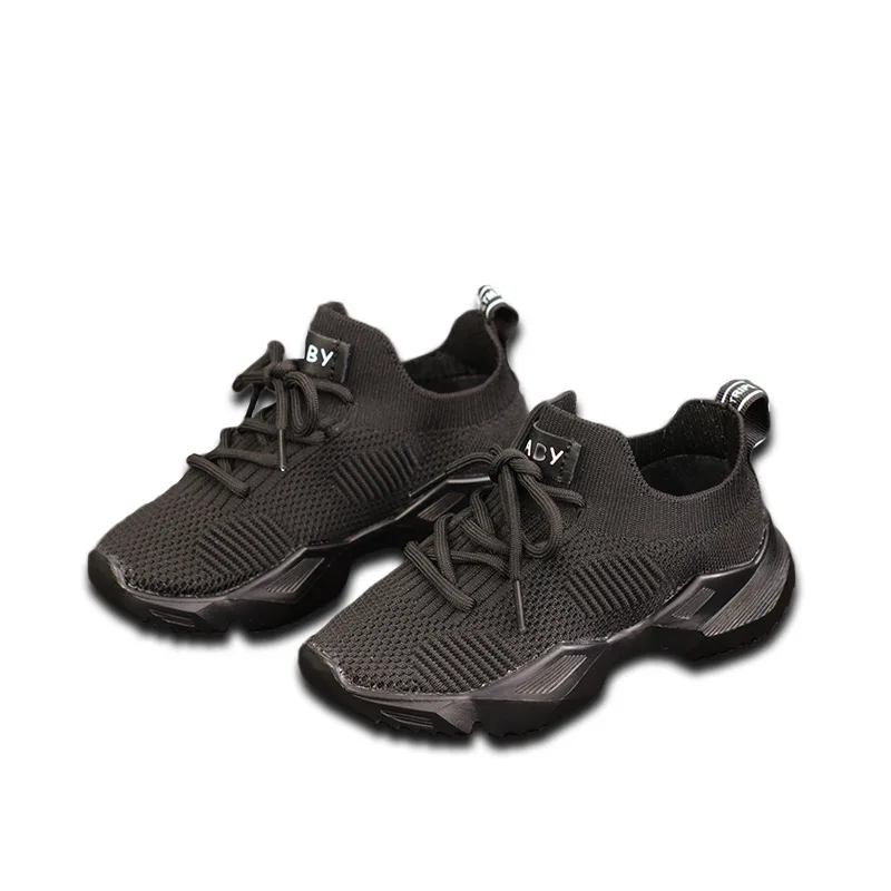 Детские вязаные кроссовки однотонные черные дышащие сетчатые для маленьких