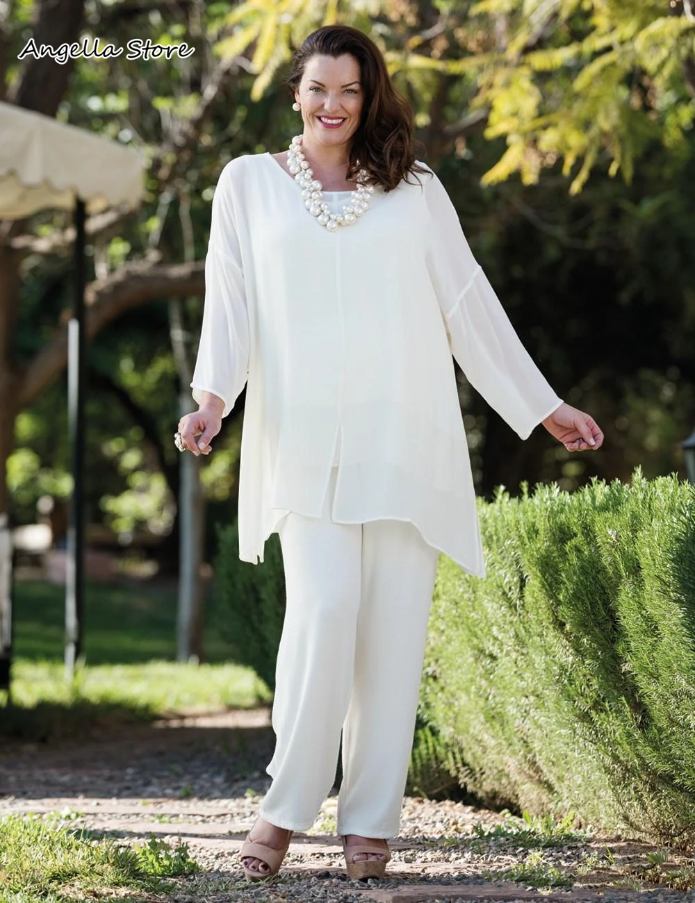 

New White Chiffon Mother Of The Bride Pant Suits With Long Sleeves Wedding Guest Dress Plus Size Mom Special Occasion Gowns 2021