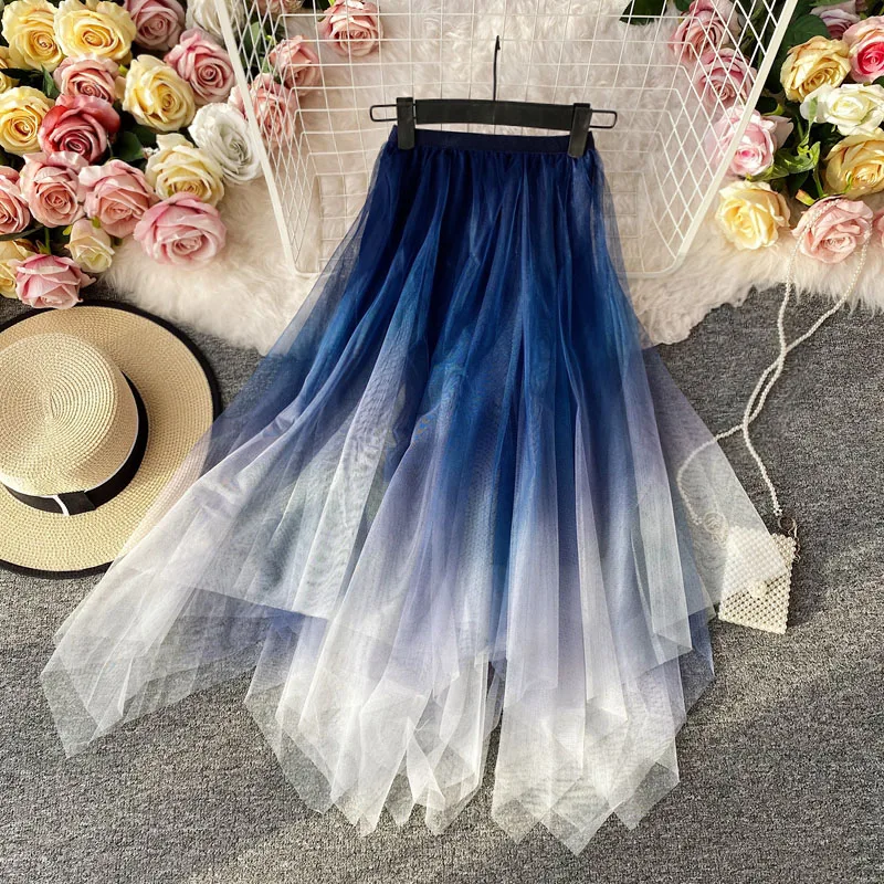 

Женская Асимметричная Двухслойная юбка yраз, синяя сетчатая юбка с градиентом, летняя трапециевидная юбка средней длины с высокой талией