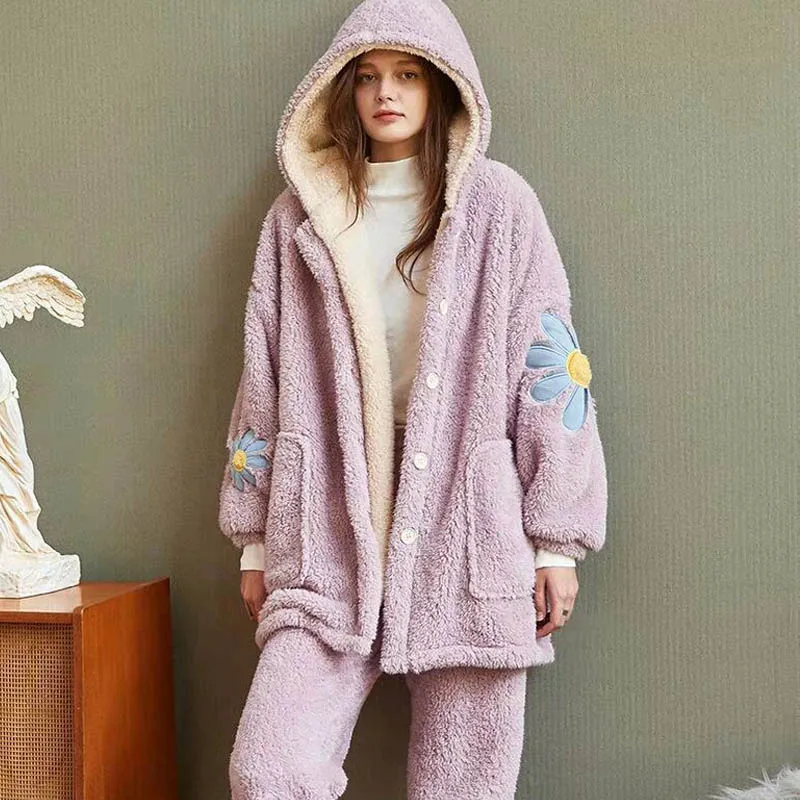 Зимняя фланелевая женская пижама комплект из 2 предметов теплая утолщенная