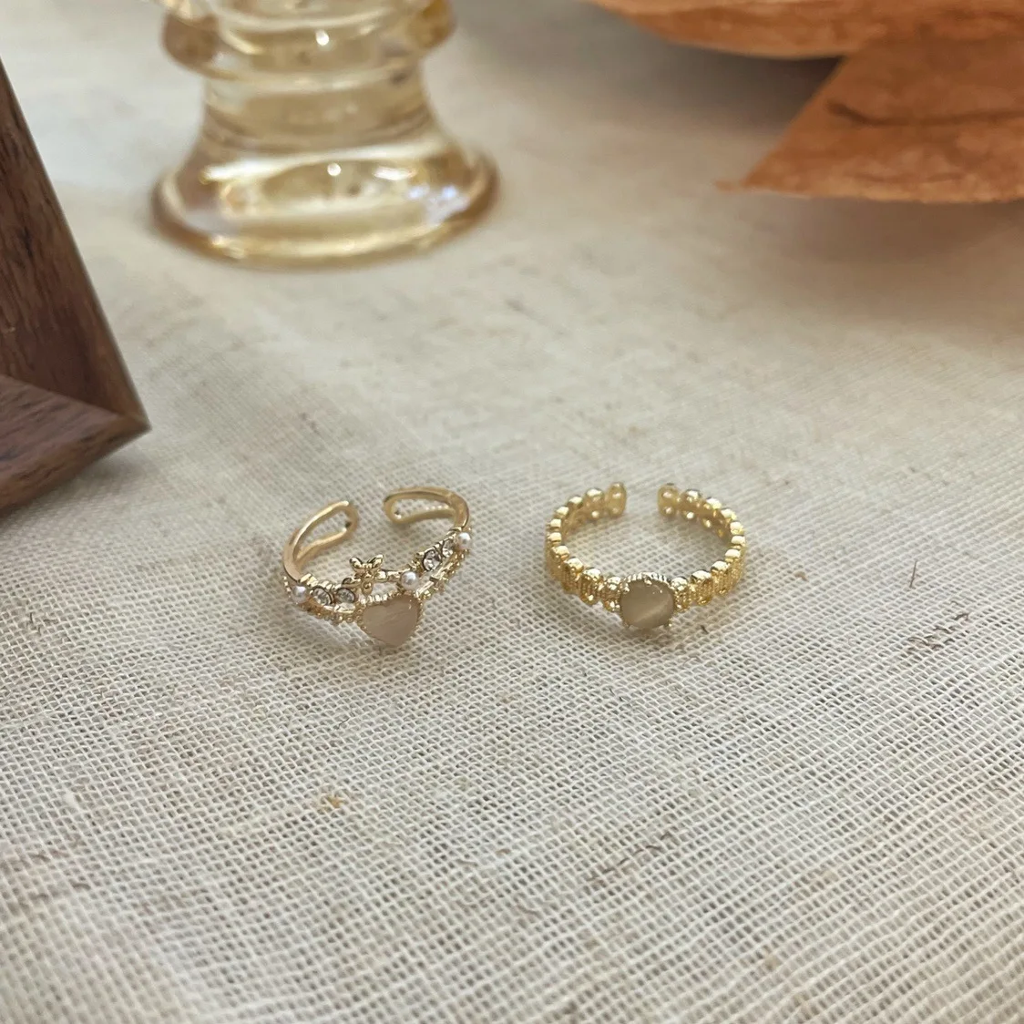 

Exquisite Cat's Eye Zircon Heart Shaped Women's Double Ring Flower Pearl Solitaire Ring Daily Dating Party Jewelry Jewelry Gift