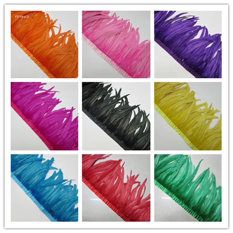 

Wholesale 10 yards/lot Chicken Feathers Trim 30-35CM Cloth Sideband Rooster Tail Feather Trims Clothing Wedding DIY Decoration