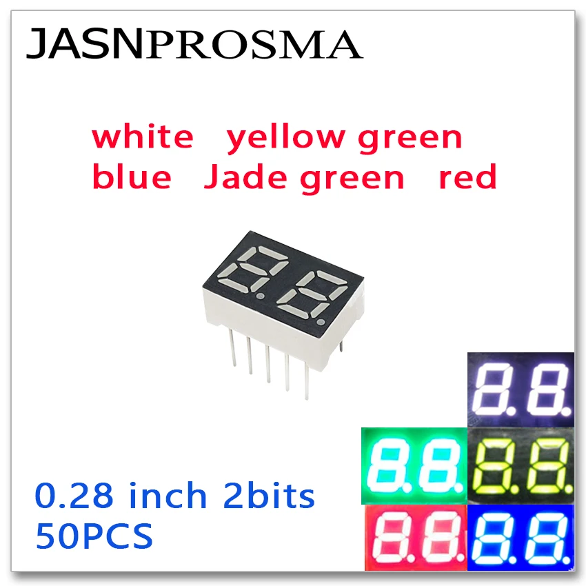 

JASNPROSMA 50PCS 0.28 inch 7 Segment 2 bit digit Tube red yellow jade green blue white Common Cathode Anode LED Display 0.28inch