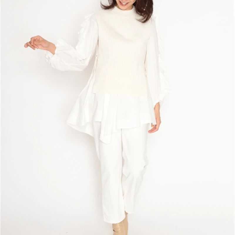 

Temperament Long Sleeve Irregular Short Dress Wooden Ears Edge Sweet Japan Style Robe + Simple Solid Casual Loose Sweater Set