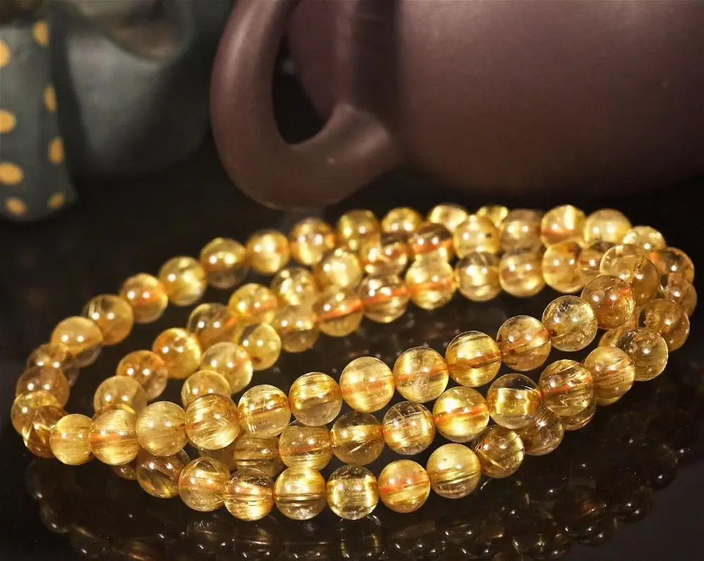 Бразильский браслет из натурального золота 6 мм рутилированный кварц