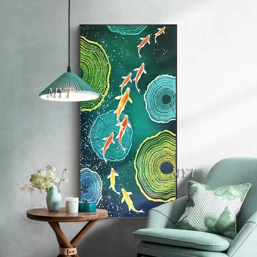 Настенное украшение для отеля ручная роспись золотые рыбы картина на стену
