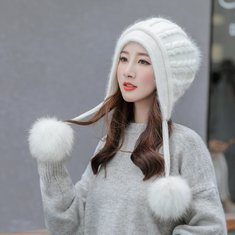 

Winter Rabbit Fur Skullcap Blend Wool Hats For Women Warm Fashion Faux Fur Pompom Female Caps New Solid Knit Beanies