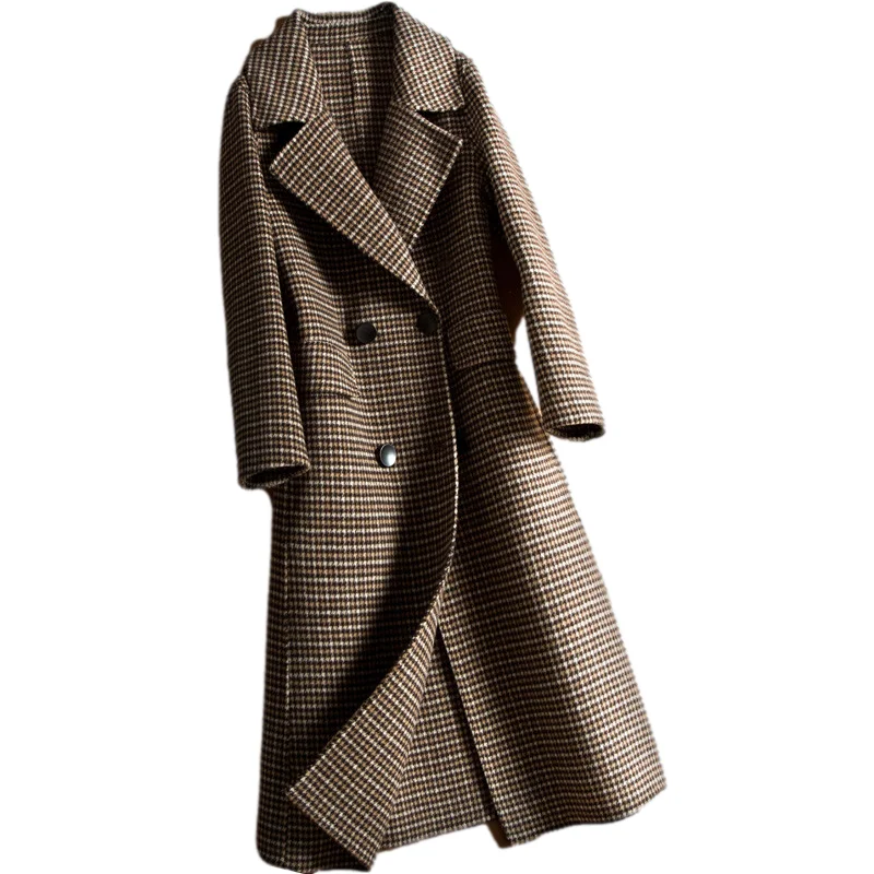 

Autumn Winter Thick Houndstooth Double Breasted Long Double-Sided Wool Coat Women Outwear Elegant Office Lady Wool Jacket Female