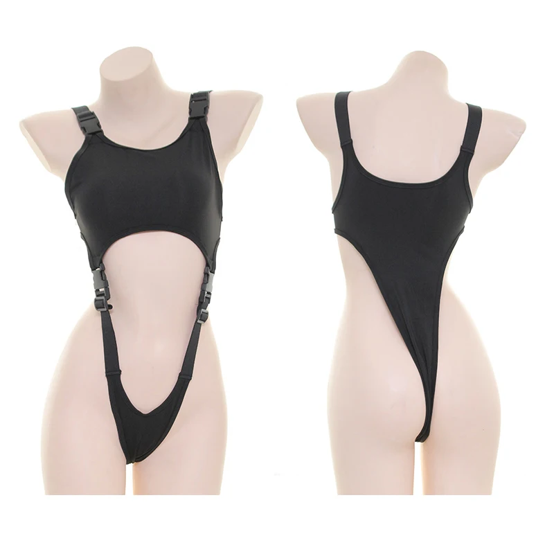 Комбинезон женский черный с пряжкой вырезами в стиле аниме для косплея