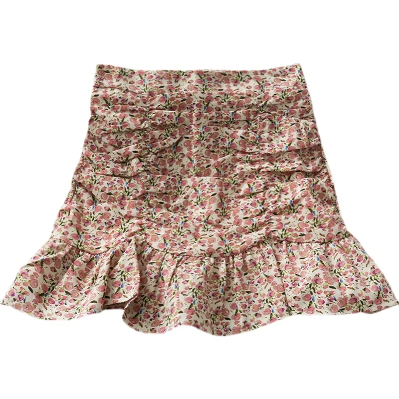 

Hong Kong Style Vintage Floral Pleated Ruffled A- line Sheath Skirt Women's New Slim Fit Slimming Anti-Emptied Fishtail Skirt