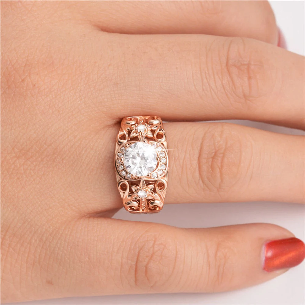 

New 2021 Hollow Flower Imitation Ring Ladies Luxury Copper Plated Rose Gold Inlaid Zircon Jewelry Ladies Ring