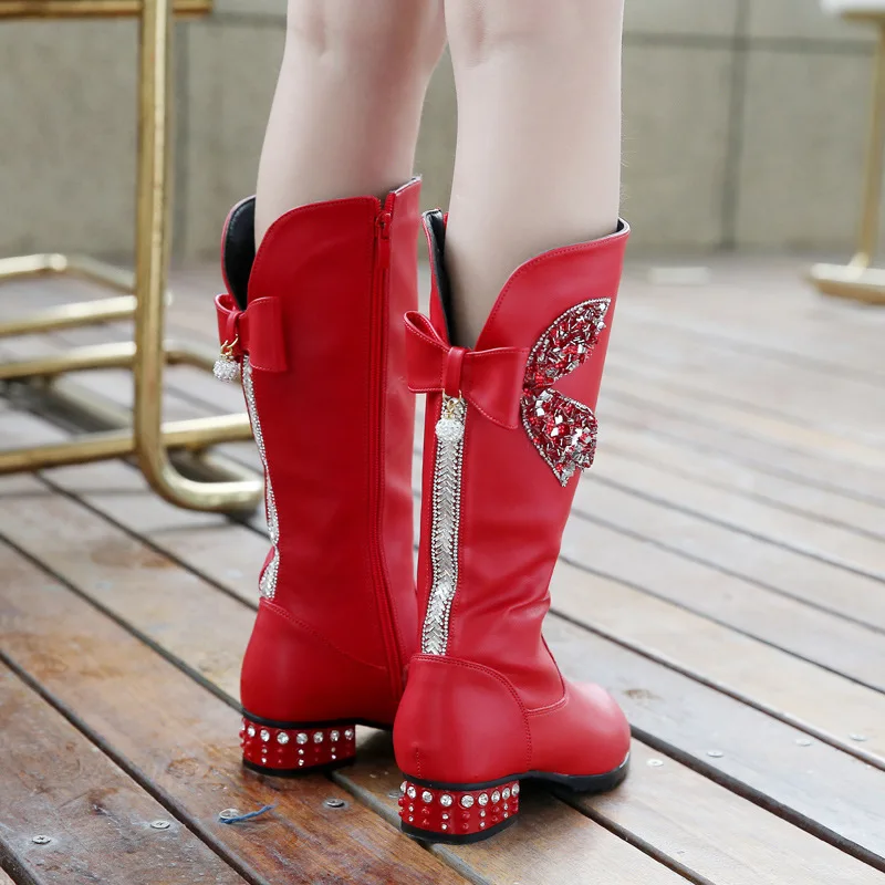 Сапоги до колена для девочек сапоги на низком каблуке с бантом принцесс детские