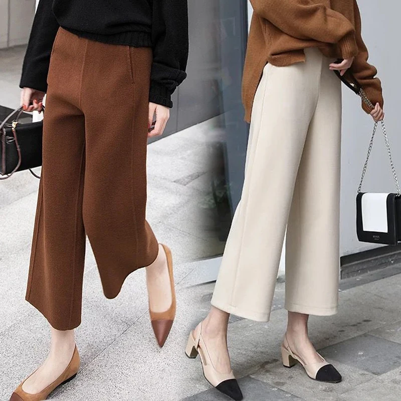 

2021 Women Autumn Winter Long Woolen Wide Leg Pants Elastic High Waist Straight Casual Trousers Ankle Length
