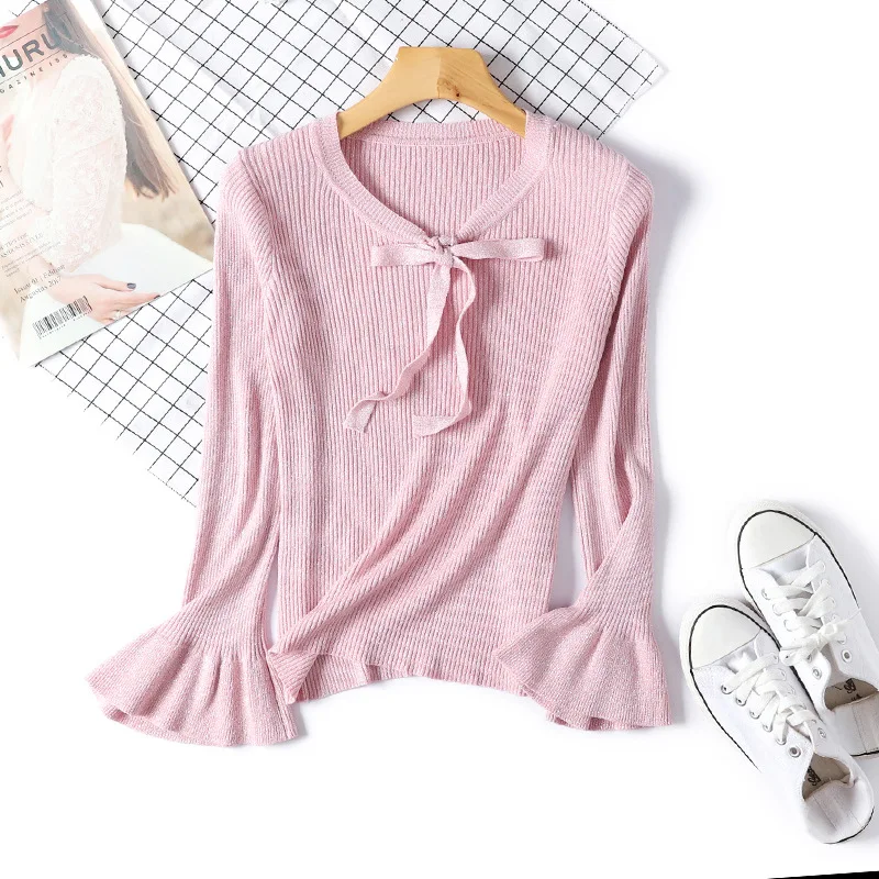 Женский Блестящий облегающий свитер с люрексом вязаный на шнуровке бантом и