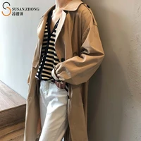 women coat trench lady long outwear 2021 spring new elegant casual office loose straight turn down collar button pocket epaulet