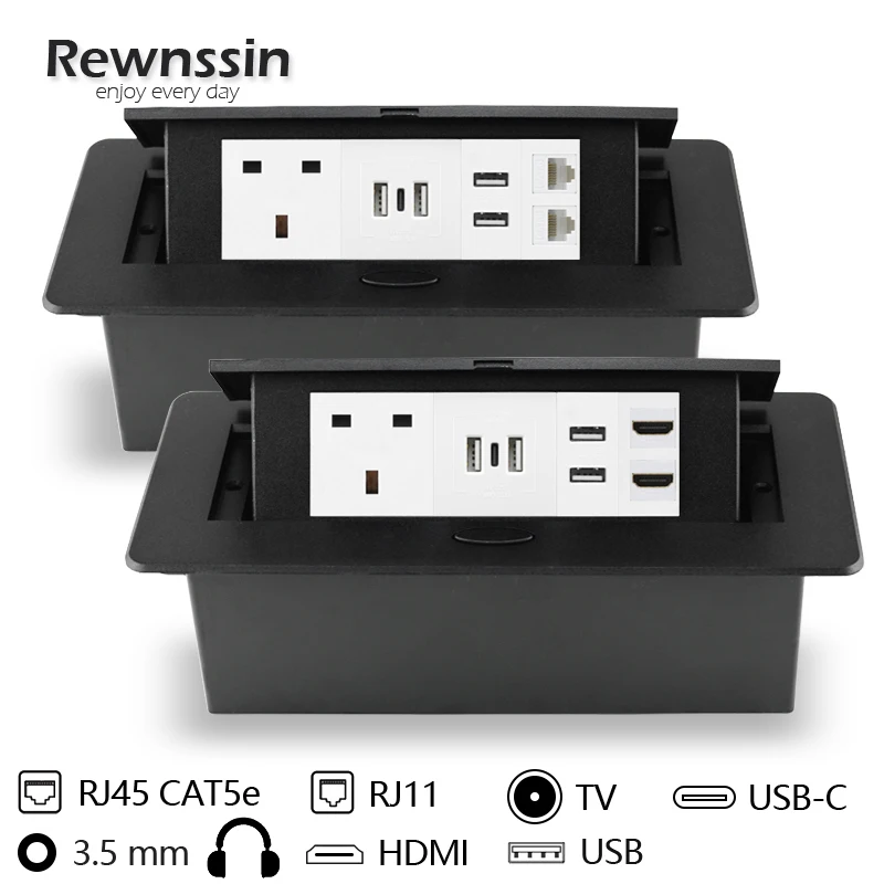 

Двойные USB-порты Великобритании с быстрой зарядкой Type-C, порты RJ45 для гарнитуры HDMI USB, коробка из алюминиевого сплава 250V 13A, настольная розетка
