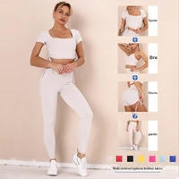 4pcs women sexy solid yoga sets workout shirts sport pants bra suits short top ribbon high waist running leggings sports suits