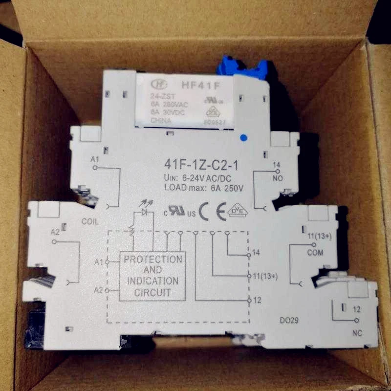 Реле Slim с одним переключающим контактом 41F-1Z-C2-1 HF41F 5V 12V 24V 6A в комплекте с винтовым разъемом, светодиодом и защитной схемой, монтаж на винтовую основу, 24В постоянного/переменного тока.