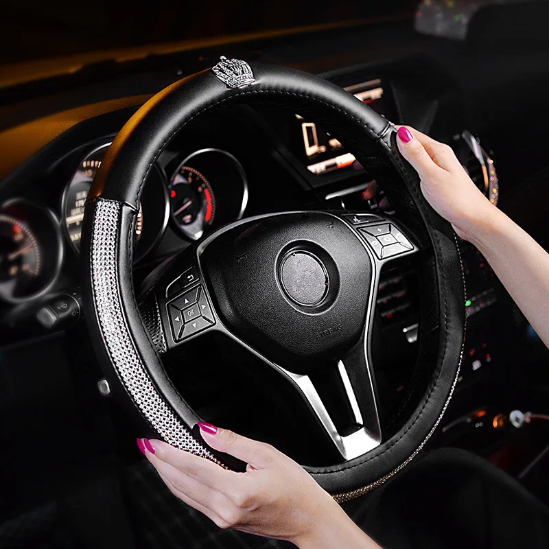 

Чехол на руль автомобиля Crystal Стразы, Кожаные чехлы на руль для женщин и девушек, аксессуары для интерьера