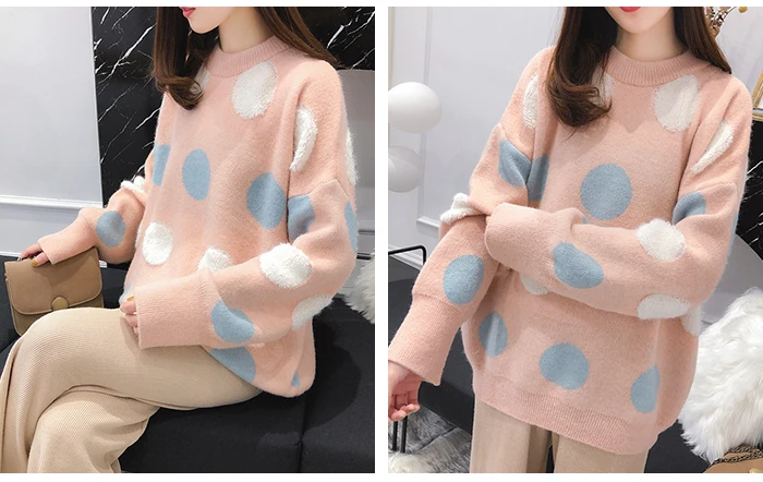 Женский милый sweater в горошек TIGENA, теплый вязаный свободный пуловер с длинным рукавом, джемпер для женщин на зиму