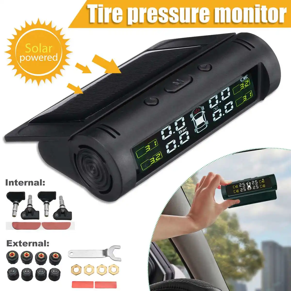 

Система контроля давления в шинах TPMS, беспроводной прибор для контроля давления в шинах с солнечной панелью и 4 датчиками, дисплеем в режиме ...