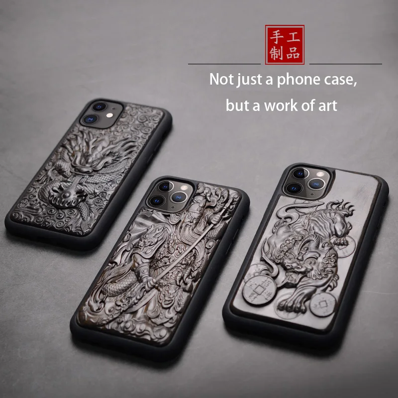 For IPhone 11 Pro Max Luxury Carved 3D Stereo Ebony Wood Case TPU Full Protective Back case Cases for |