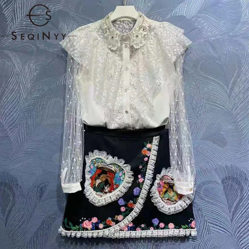 

Женский винтажный костюм SEQINYY, кружевная рубашка с оборками и вышивкой бисером + черная мини-юбка с цветочным принтом, лето-весна